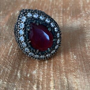 Elegant Red and Silver Teardrop Ring